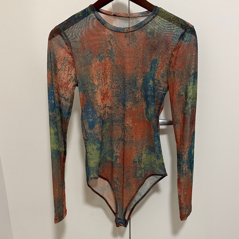 NWOT Zara Semi Sheer Mesh Long Sleeve Crewneck Woman’s Bodysuit. Size Medium.